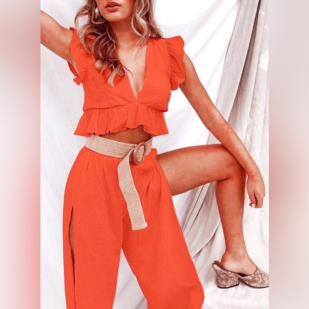 FANCYINN Orange Deep V Crop Top & Wide Leg Pants 2-Piece Set – Size L
